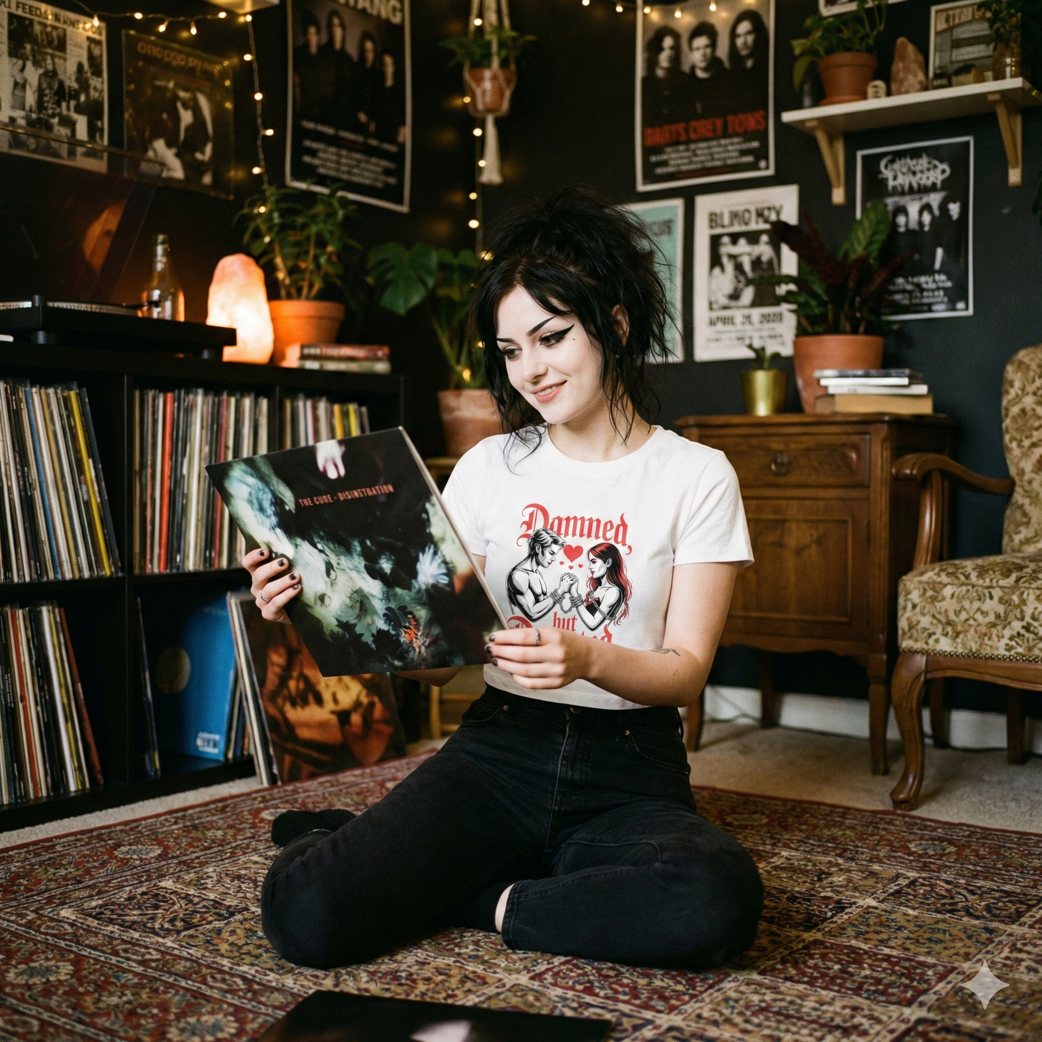 Frau in weißem Cropped Tee mit Damned but Devoted Print sitzt am Boden und hält Schallplatte in gemütlichem Zimmer