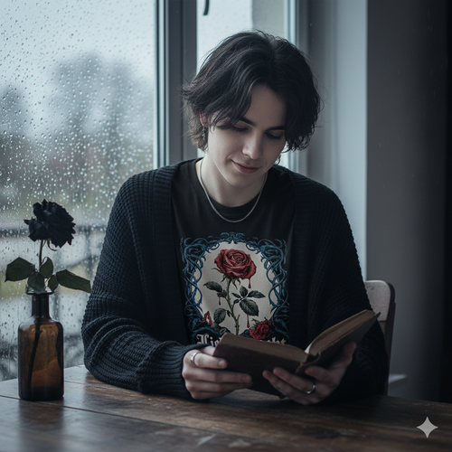 Ein melancholisches Goth-Model blickt an einem regnerischen Tag aus dem Fenster und trägt das "Liebe vergeht, und das Dunkle bleibt" Premium Classix T-Shirt. Deutsche Gothic Romantik von Dark Shadows Arts