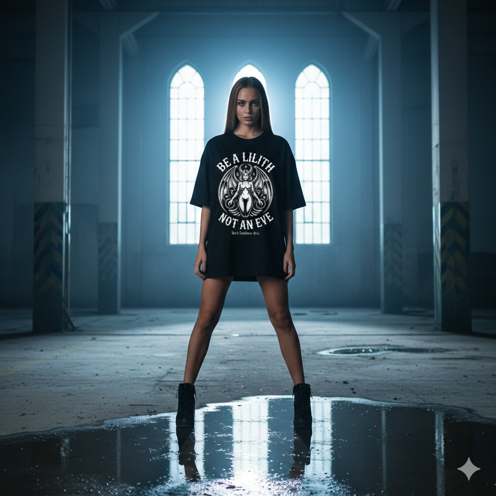 Frontansicht eines Models im schwarzen Heavy Oversized Shirt mit dem weißen Lilith-Siegel-Print.