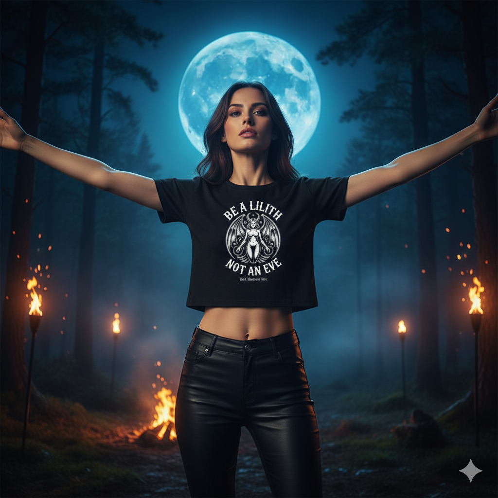 Weibliches Model trägt das bauchfreie Lilith Cropped Tee auf einer nächtlichen Waldlichtung mit Fackeln