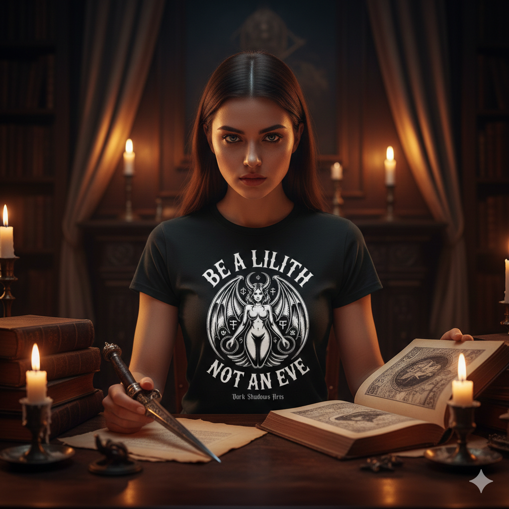 Model trägt ein schwarzes Premium T-Shirt mit weißem Lilith-Siegel-Design in einer mystischen Bibliothek.