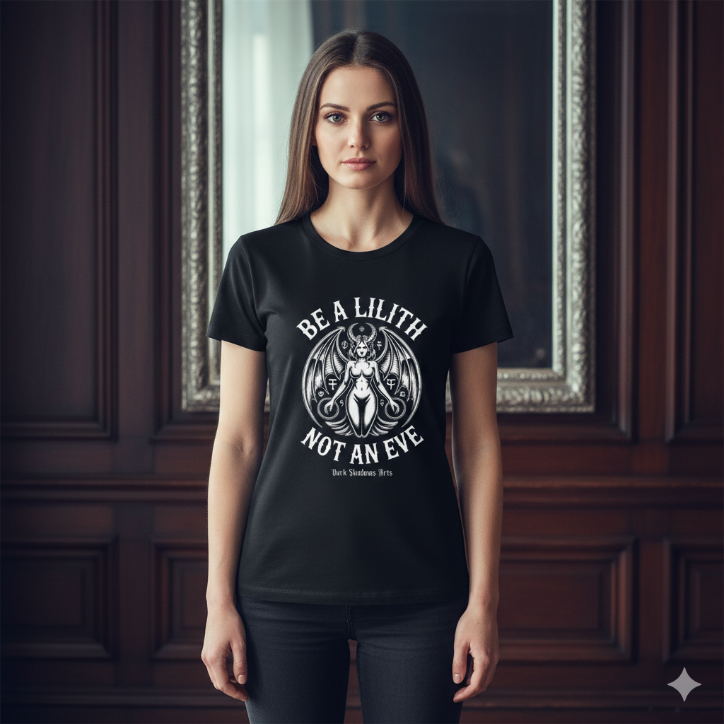 Weibliches Model trägt das taillierte Lilith Organic Shirt in einem herrschaftlichen, dunklen Raum