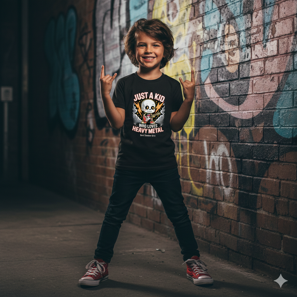 Ein cooles Kind posiert mit dem Heavy Metal Shirt vor einer Graffiti-Wand