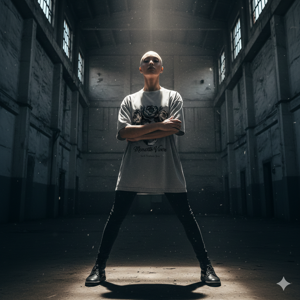 Graues schweres Oversized T-Shirt mit großem, detailliertem Totenkopf-Blumen-Motiv und dem Schriftzug Memento Vivere von Dark Shadows Arts