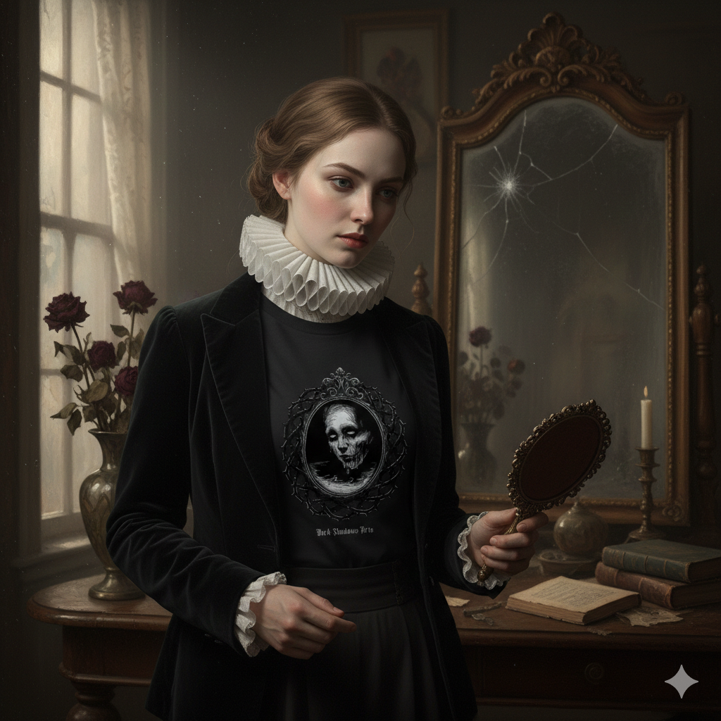 Ein nachdenkliches weibliches Goth-Model im viktorianischen Zimmer betrachtet sich in einem alten Spiegel und trägt das "Mirror of Silent Decay" Premium Classix T-Shirt. Poetische Gothic-Mode von Dark Shadows Arts.