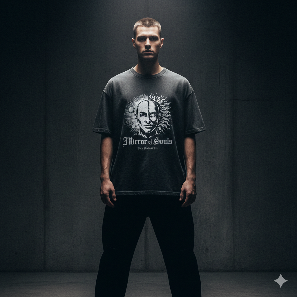 Schwarzes schweres Oversized T-Shirt mit großem, geteilten Holzschnitt-Gesicht und dem Schriftzug Mirror of Souls von Dark Shadows Arts