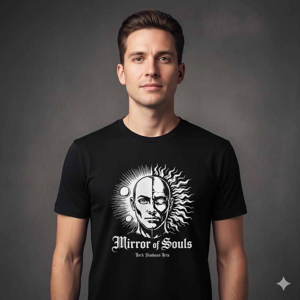 Schwarzes Premium T-Shirt aus Bio-Baumwolle mit dem Mirror of Souls Holzschnitt-Motiv von Dark Shadows Arts