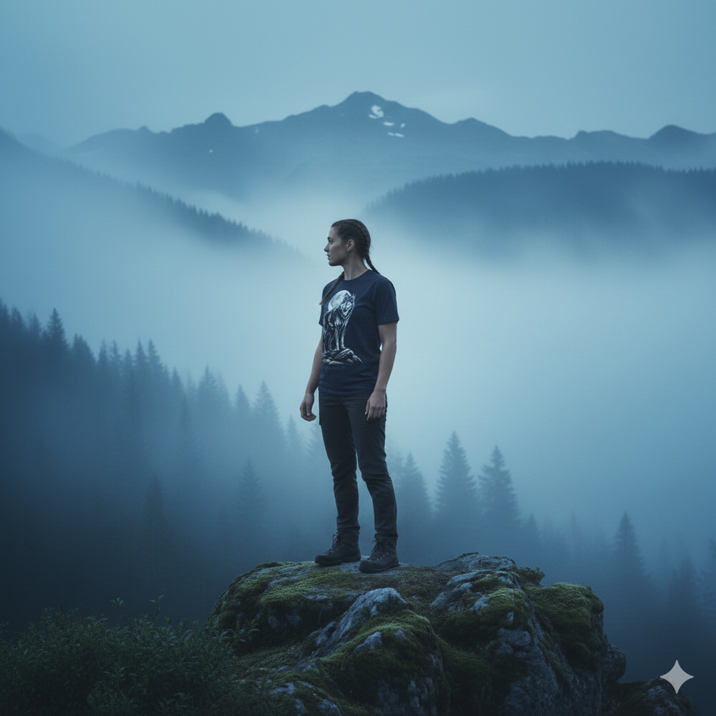 Schwarzes Premium Gothic T-Shirt mit detailreichem Wolf-Motiv vor einem Vollmond von Dark Shadows Arts