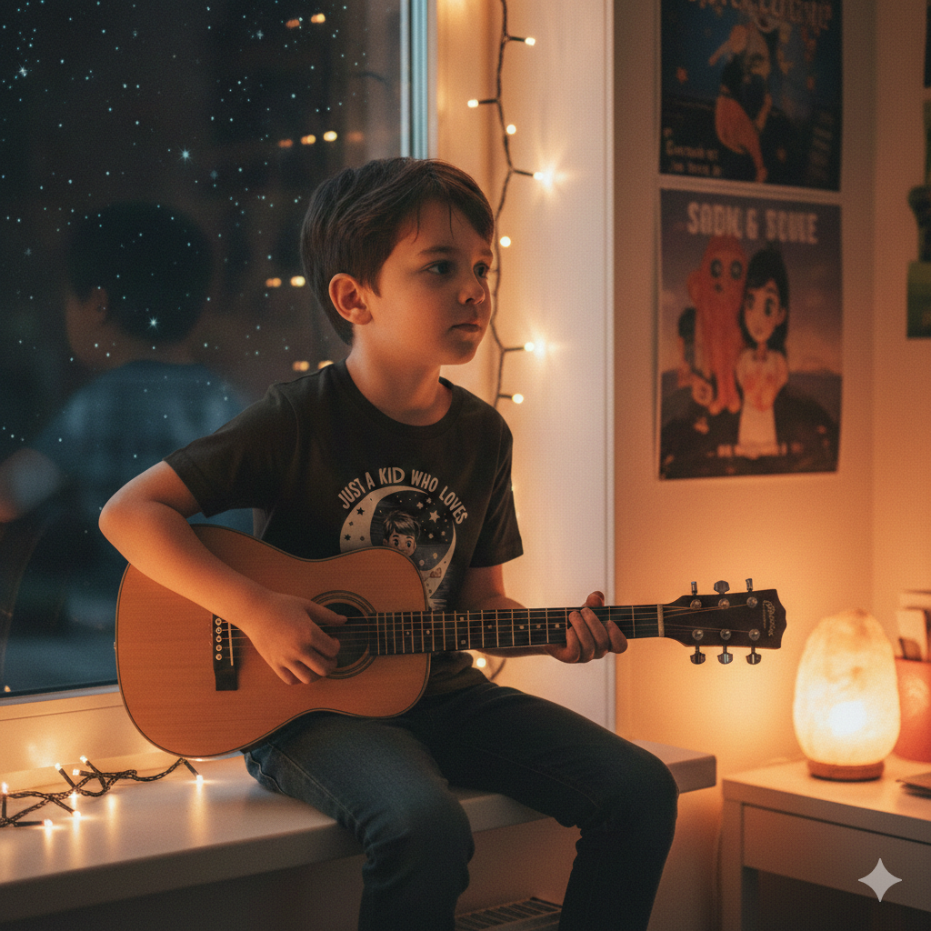 Ein Kind sitzt entspannt mit einer Gitarre und trägt das Guitar Nights Shirt von Dark Shadows Arts