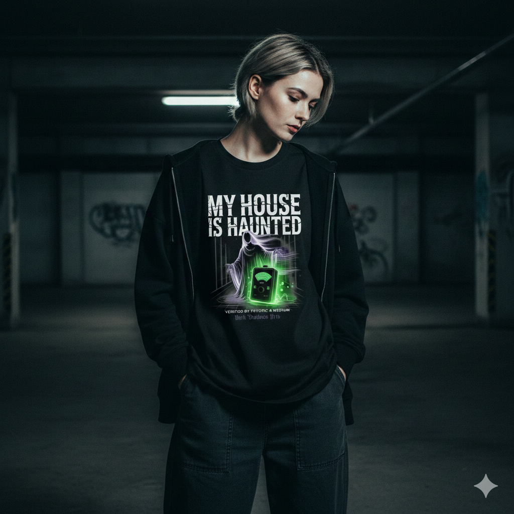 Ein weit geschnittenes schwarzes Oversized-Shirt mit grün leuchtendem EMF-Detektor und Geister-Print.