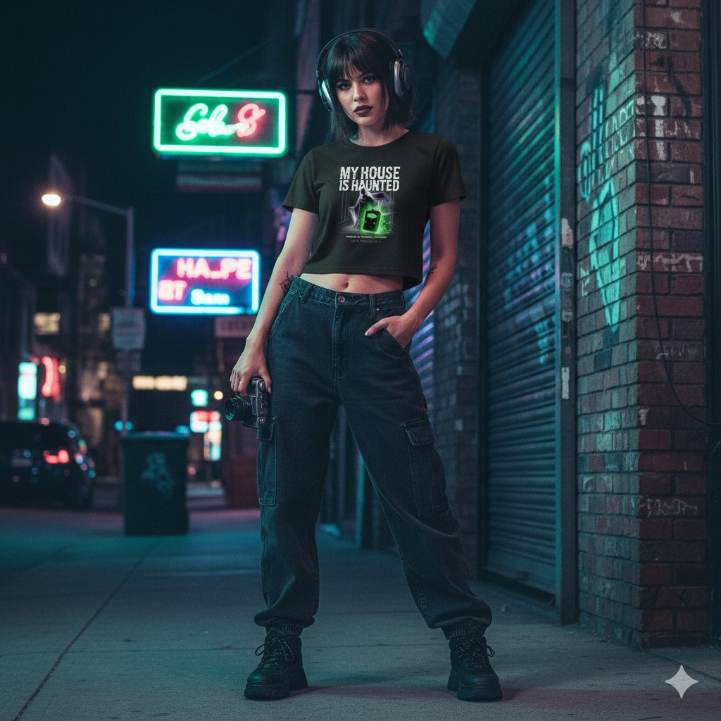 Ein kurz geschnittenes schwarzes Damen T-Shirt mit EMF-Glow und Geister-Silhouette von Dark Shadows Arts.