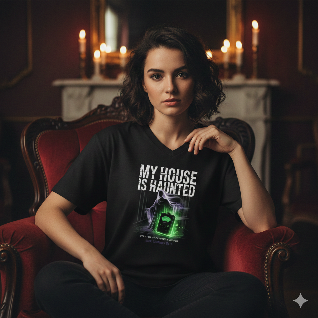 Ein tailliertes schwarzes Damen-T-Shirt aus Bio-Baumwolle mit EMF-Glow und Geister-Motiv.