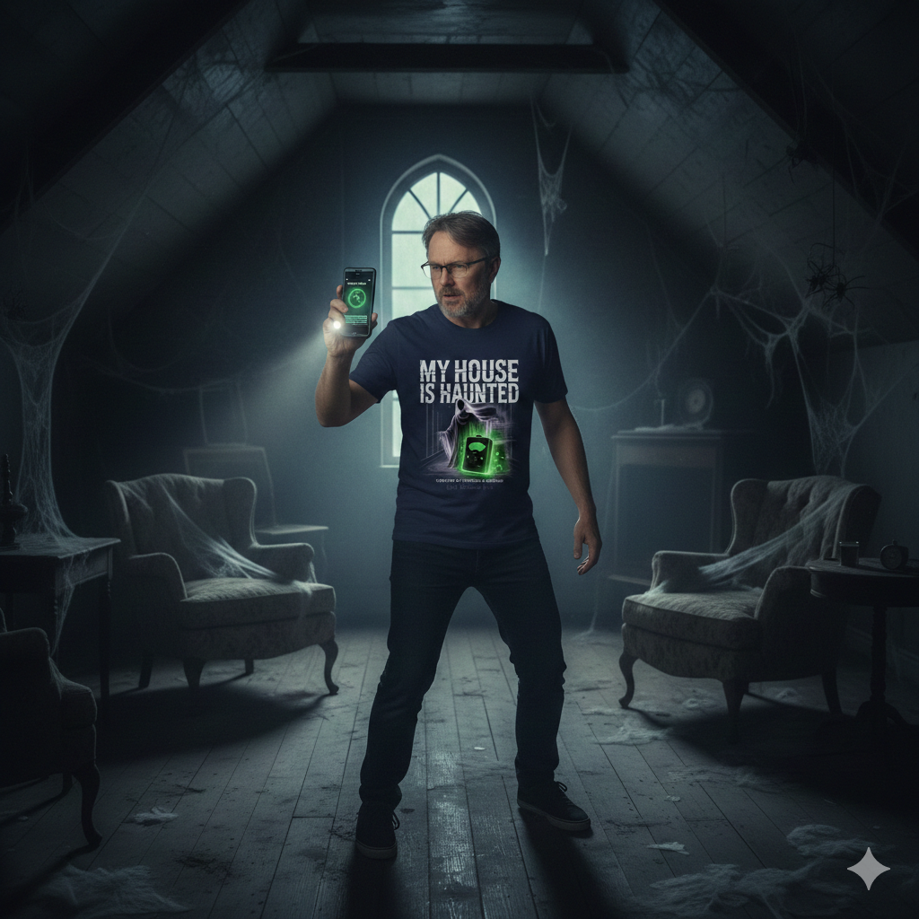 Schattenhafte Geistergestalt hinter einem leuchtend grünen EMF-Detektor auf einem schwarzen T-Shirt