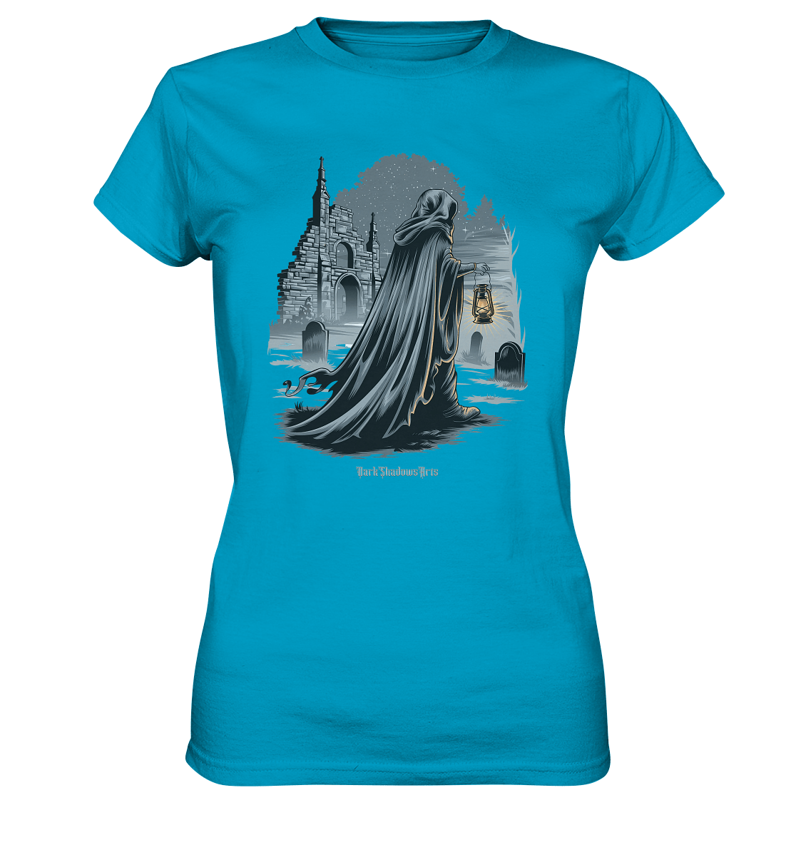 Mystische Nachtwanderung: Kapuzengestalt mit Laterne vor verfallener Ruine im Mondschein - Ladies Premium Shirt | Lady - Shirts | Dark Shadows Arts