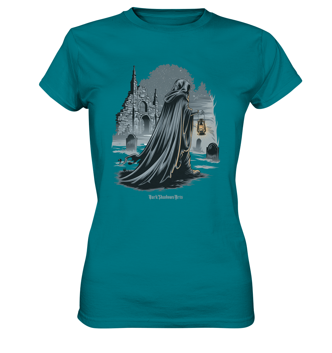 Mystische Nachtwanderung: Kapuzengestalt mit Laterne vor verfallener Ruine im Mondschein - Ladies Premium Shirt | Lady - Shirts | Dark Shadows Arts