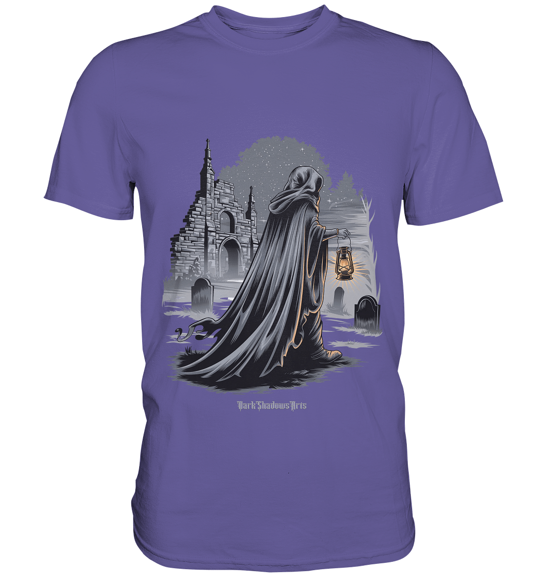 Mystische Nachtwanderung: Kapuzengestalt mit Laterne vor verfallener Ruine im Mondschein - Premium Shirt | Unisex - Shirts | Dark Shadows Arts