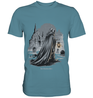 Mystische Nachtwanderung: Kapuzengestalt mit Laterne vor verfallener Ruine im Mondschein - Premium Shirt | Unisex - Shirts | Dark Shadows Arts