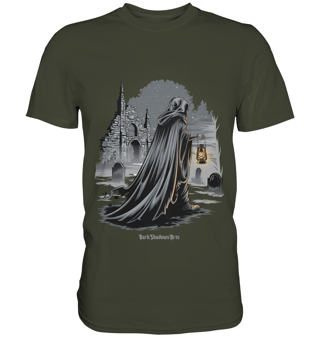 Mystische Nachtwanderung: Kapuzengestalt mit Laterne vor verfallener Ruine im Mondschein - Premium Shirt | Unisex - Shirts | Dark Shadows Arts