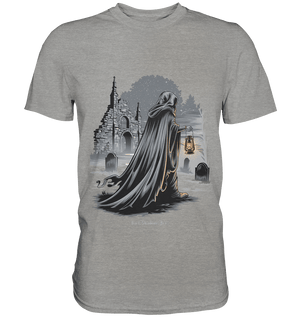 Mystische Nachtwanderung: Kapuzengestalt mit Laterne vor verfallener Ruine im Mondschein - Premium Shirt | Unisex - Shirts | Dark Shadows Arts