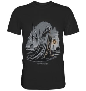 Mystische Nachtwanderung: Kapuzengestalt mit Laterne vor verfallener Ruine im Mondschein - Premium Shirt | Unisex - Shirts | Dark Shadows Arts