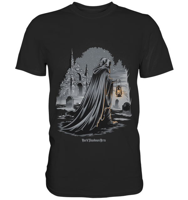 Mystische Nachtwanderung: Kapuzengestalt mit Laterne vor verfallener Ruine im Mondschein - Premium Shirt | Unisex - Shirts | Dark Shadows Arts