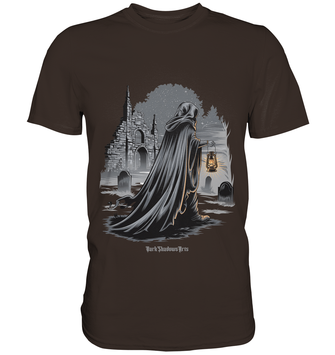 Mystische Nachtwanderung: Kapuzengestalt mit Laterne vor verfallener Ruine im Mondschein - Premium Shirt | Unisex - Shirts | Dark Shadows Arts