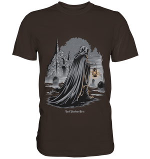 Mystische Nachtwanderung: Kapuzengestalt mit Laterne vor verfallener Ruine im Mondschein - Premium Shirt | Unisex - Shirts | Dark Shadows Arts