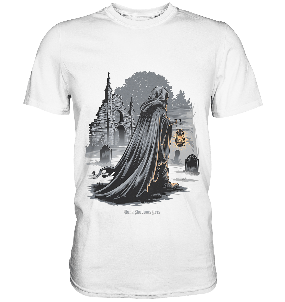 Mystische Nachtwanderung: Kapuzengestalt mit Laterne vor verfallener Ruine im Mondschein - Premium Shirt | Unisex - Shirts | Dark Shadows Arts