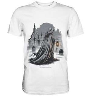 Mystische Nachtwanderung: Kapuzengestalt mit Laterne vor verfallener Ruine im Mondschein - Premium Shirt | Unisex - Shirts | Dark Shadows Arts