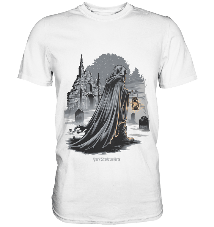 Mystische Nachtwanderung: Kapuzengestalt mit Laterne vor verfallener Ruine im Mondschein - Premium Shirt | Unisex - Shirts | Dark Shadows Arts