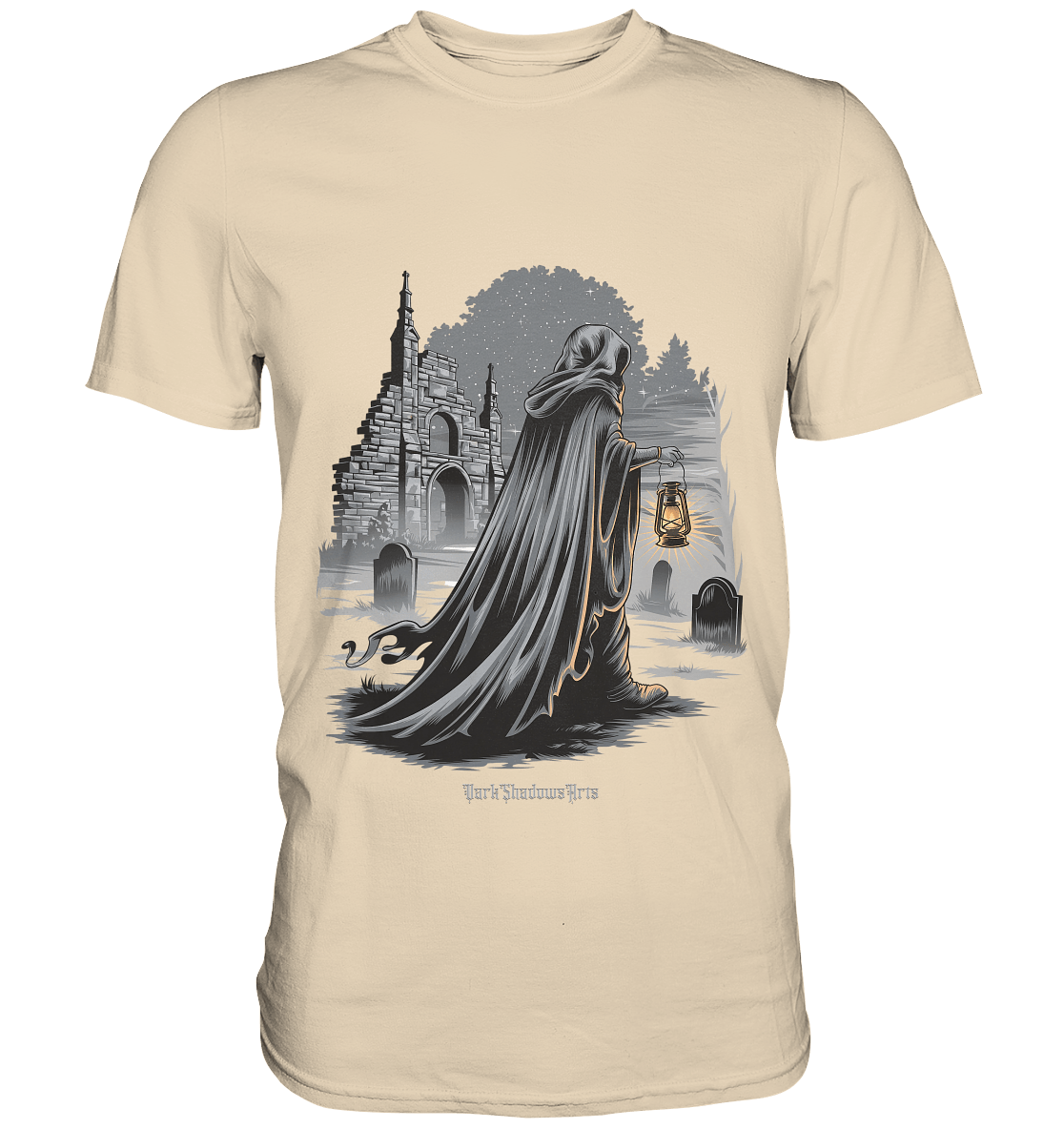Mystische Nachtwanderung: Kapuzengestalt mit Laterne vor verfallener Ruine im Mondschein - Premium Shirt | Unisex - Shirts | Dark Shadows Arts