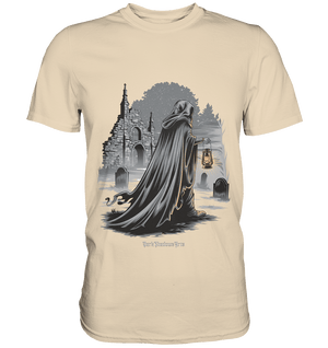 Mystische Nachtwanderung: Kapuzengestalt mit Laterne vor verfallener Ruine im Mondschein - Premium Shirt | Unisex - Shirts | Dark Shadows Arts