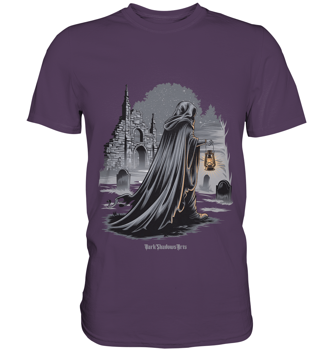 Mystische Nachtwanderung: Kapuzengestalt mit Laterne vor verfallener Ruine im Mondschein - Premium Shirt | Unisex - Shirts | Dark Shadows Arts
