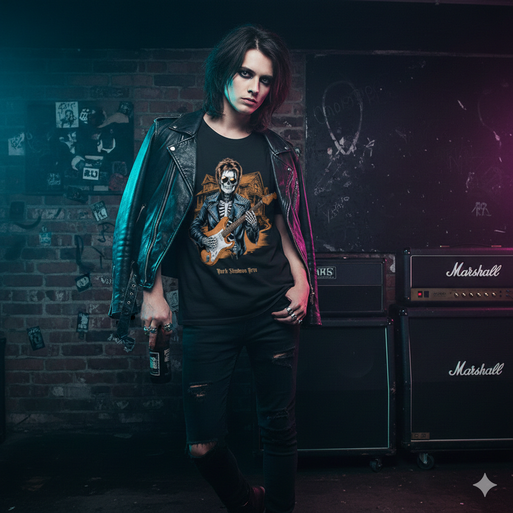 Androgynes Model im Backstage-Bereich trägt das schwarze "Neon Bones Rocker" Premium Classix T-Shirt mit leuchtendem Neon-Skelett-Aufdruck. Exklusive Industrial Gothic und Rock Mode von Dark Shadows Arts