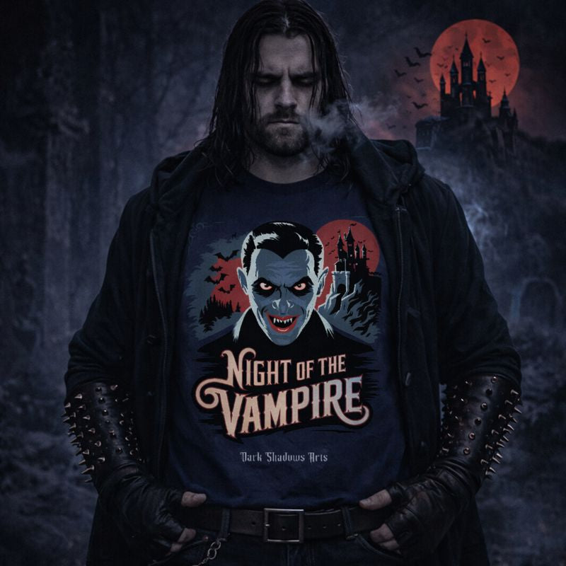 Gothic Premium T-Shirt von Dark Shadows Arts mit Vampir-Porträt, rotem Mond und Schloss – Design Night of the Vampire aus der Kategorie Dark Stories & Cinema