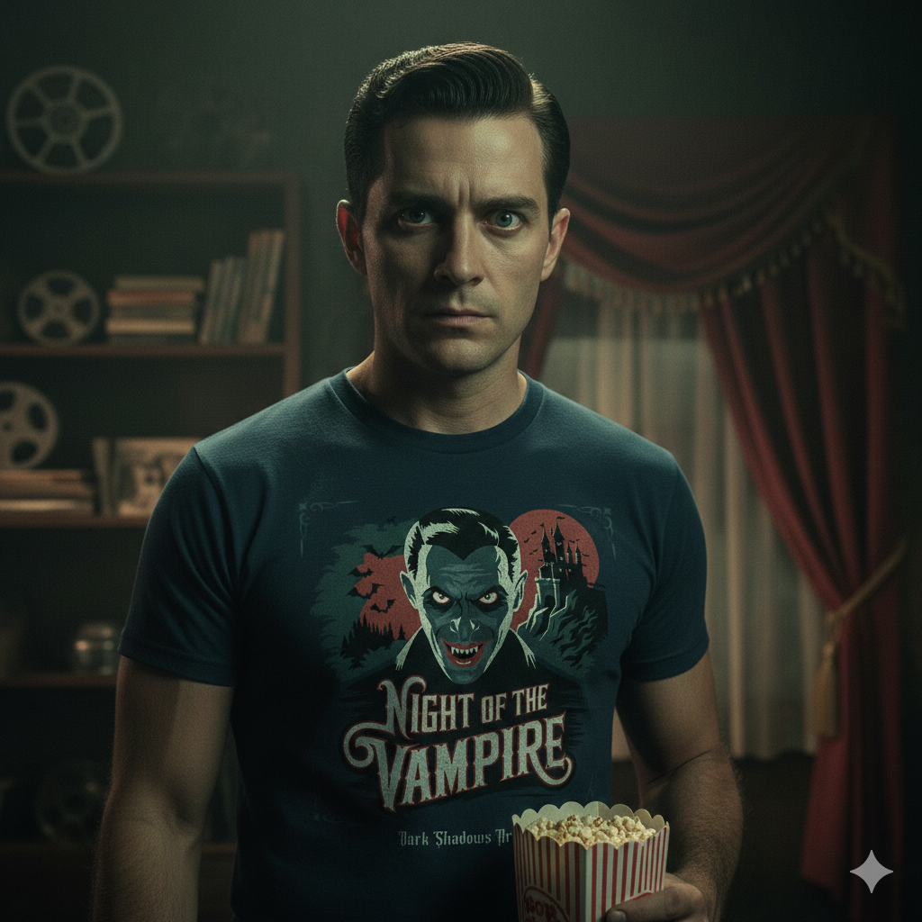 Premium Gothic T-Shirt Night of the Vampire mit klassischem Vampirkopf, Schloss und rotem Vollmond von Dark Shadows Arts