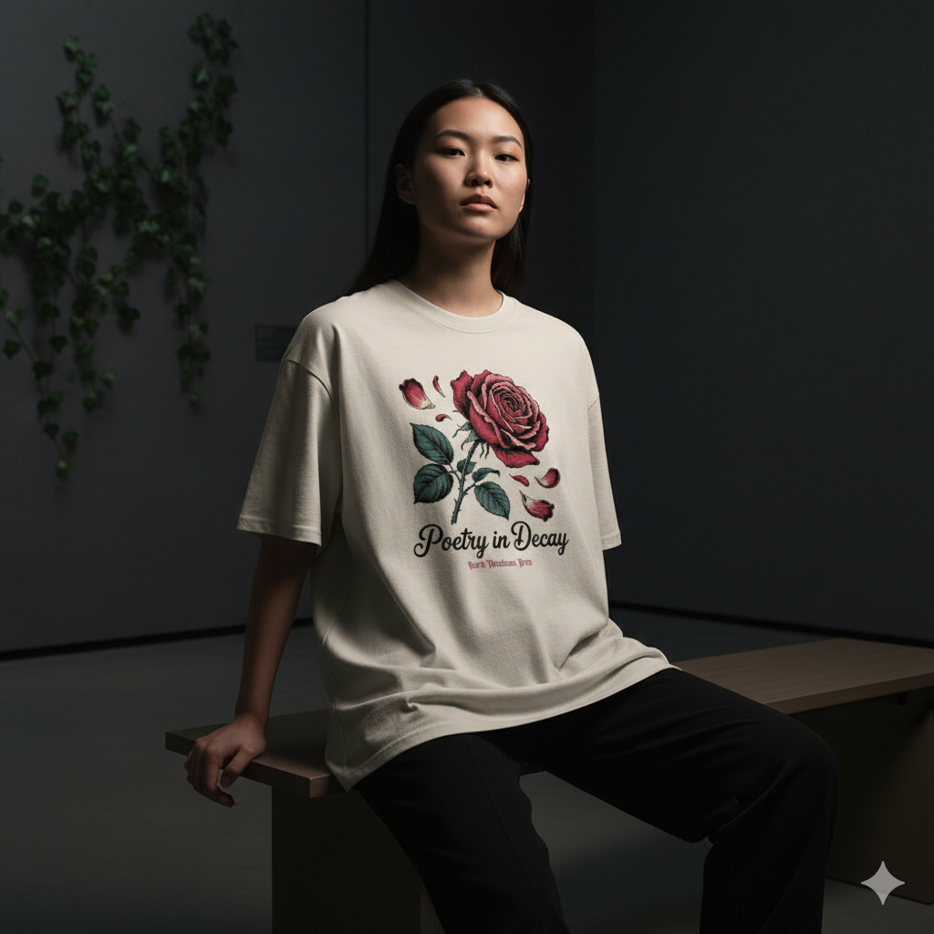 Beiges schweres Oversized T-Shirt mit großem, detailliertem Rosen-Motiv und dem Schriftzug Poetry in Decay von Dark Shadows Arts