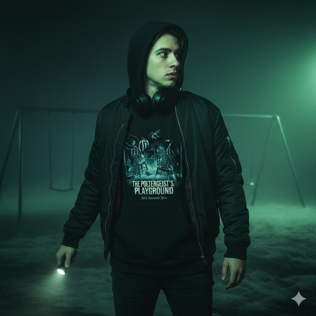Ein Goth-Model im Streetwear-Look steht nachts auf einem nebligen Spielplatz und trägt das paranormale "Poltergeists Playground" Premium Classix T-Shirt. Finales Kult-Motiv von Dark Shadows Arts