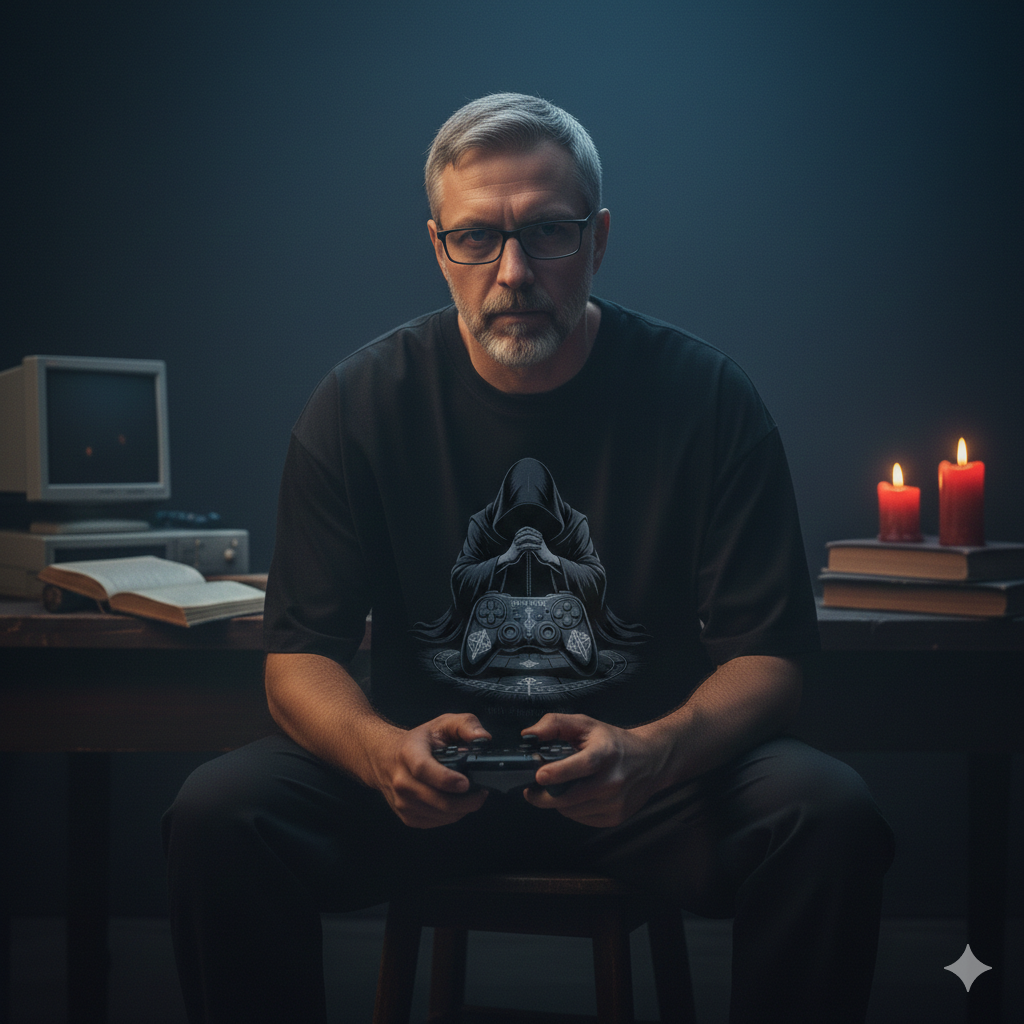 Schwarzes Heavy Oversized Shirt mit weitem Schnitt und einem okkulten Controller-Print auf der Vorderseite