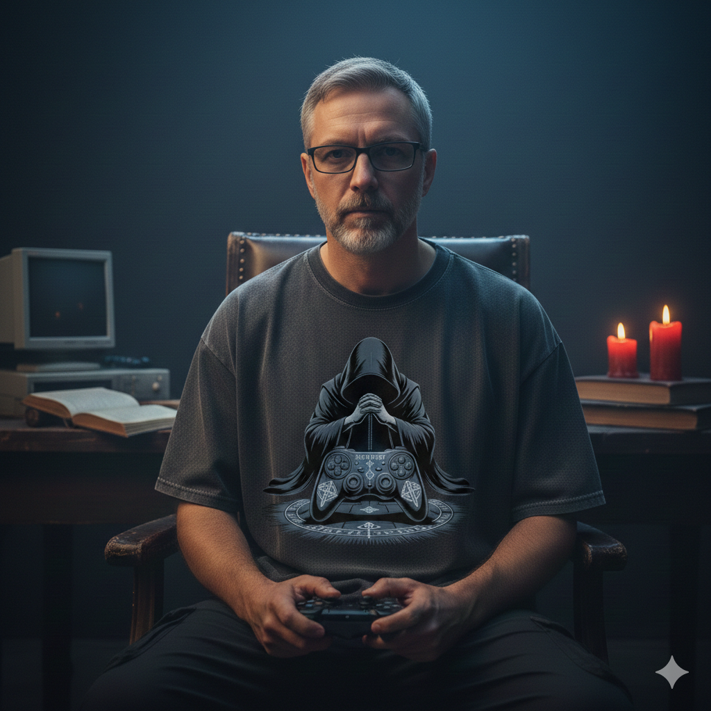 Schwarzes Heavy Oversized T-Shirt mit einer verhüllten Gestalt, die einen mit Runen verzierten Controller hält.