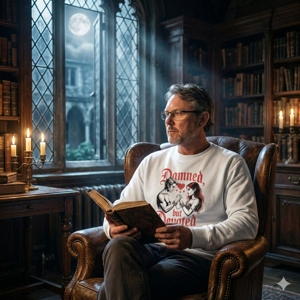 Mann liest in dunkler Bibliothek Buch, trägt weißes Sweatshirt mit rotem Damned but Devoted Motiv