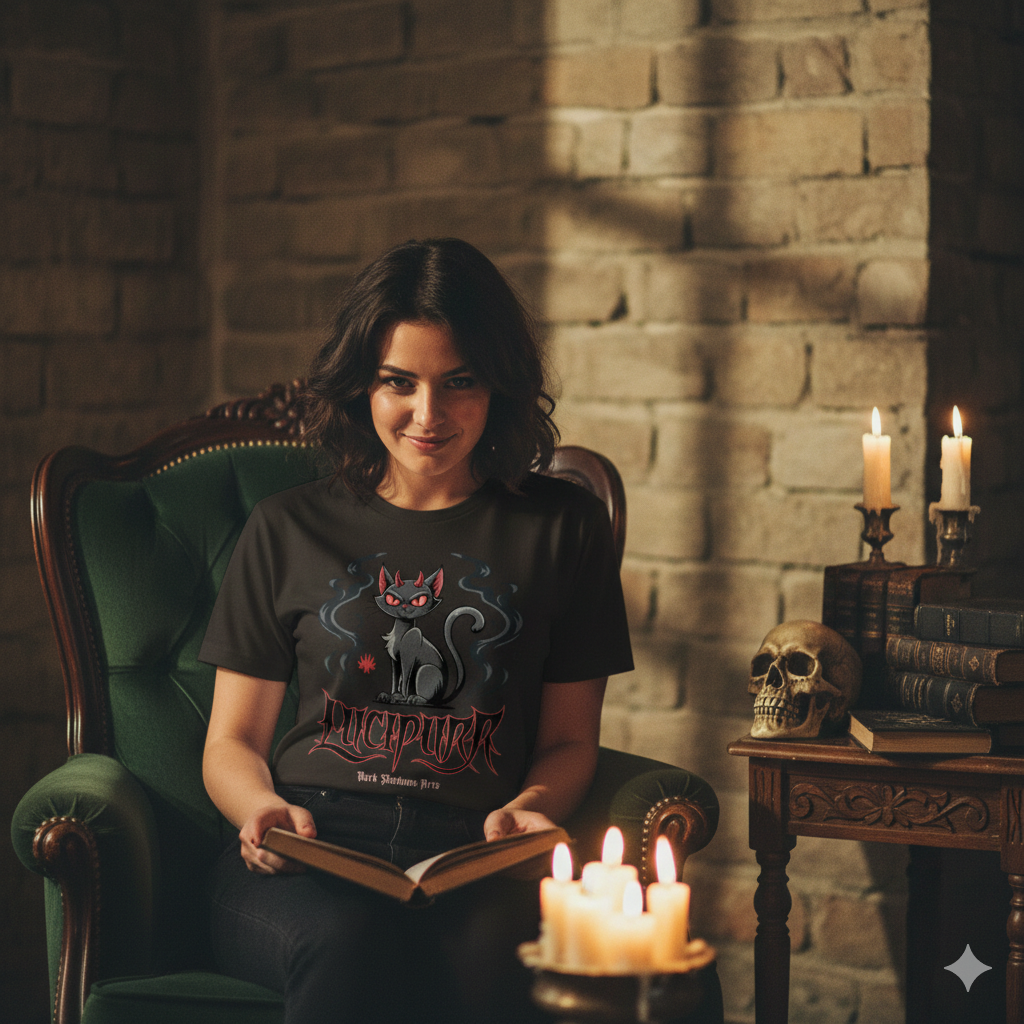 Schwarzes Premium Gothic T-Shirt mit dämonischem Katzen-Motiv und Lucipurr Schriftzug von Dark Shadows Arts