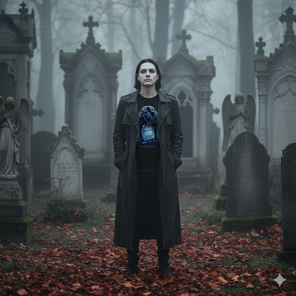 Schwarzes Gothic T-Shirt mit einem detaillierten Raben, der auf einem alten Grabstein sitzt, von Dark Shadows Arts