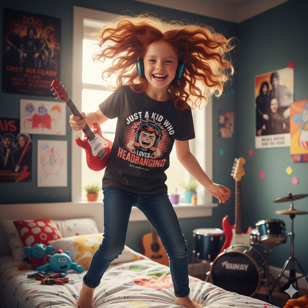 Ein fröhliches Kind beim Headbanging in einem schwarzen Rocker-Shirt von Dark Shadows Arts