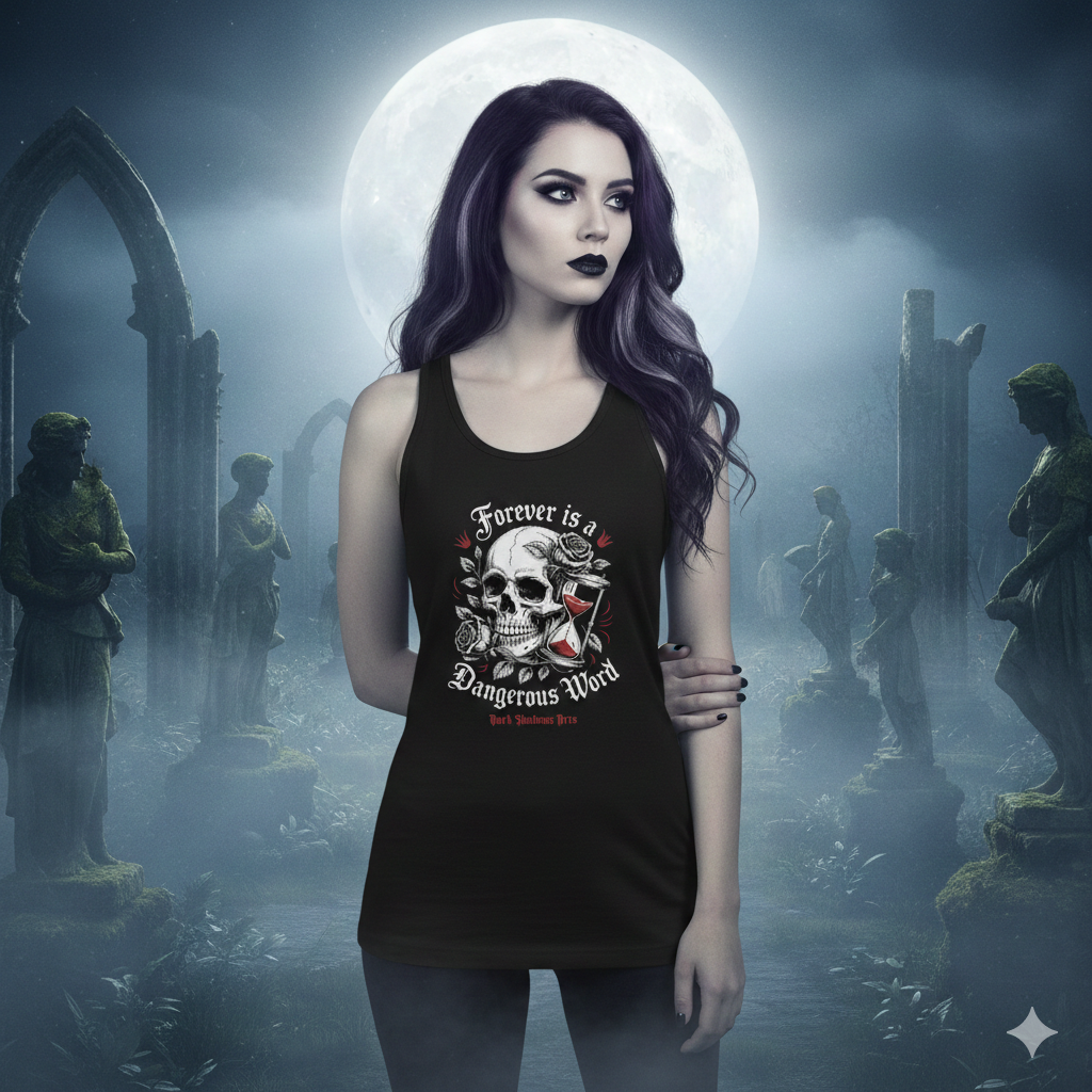 Frau in schwarzem Tanktop mit Totenkopf-Sanduhr-Design vor Vollmond und nebliger Statuen-Kulisse