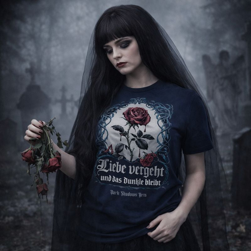 Gothic Model trägt Dark Shadows Arts Premium Classix T-Shirt „Liebe vergeht, und das Dunkle bleibt“ mit roter Rose im nebligen Friedhof – Schwarze Romantik Design