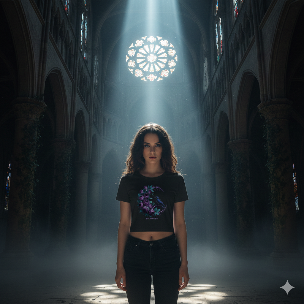 Frau in schwarzem Cropped Tee mit Raben-Motiv unter einem Lichtstrahl in einer nebligen Kathedrale.