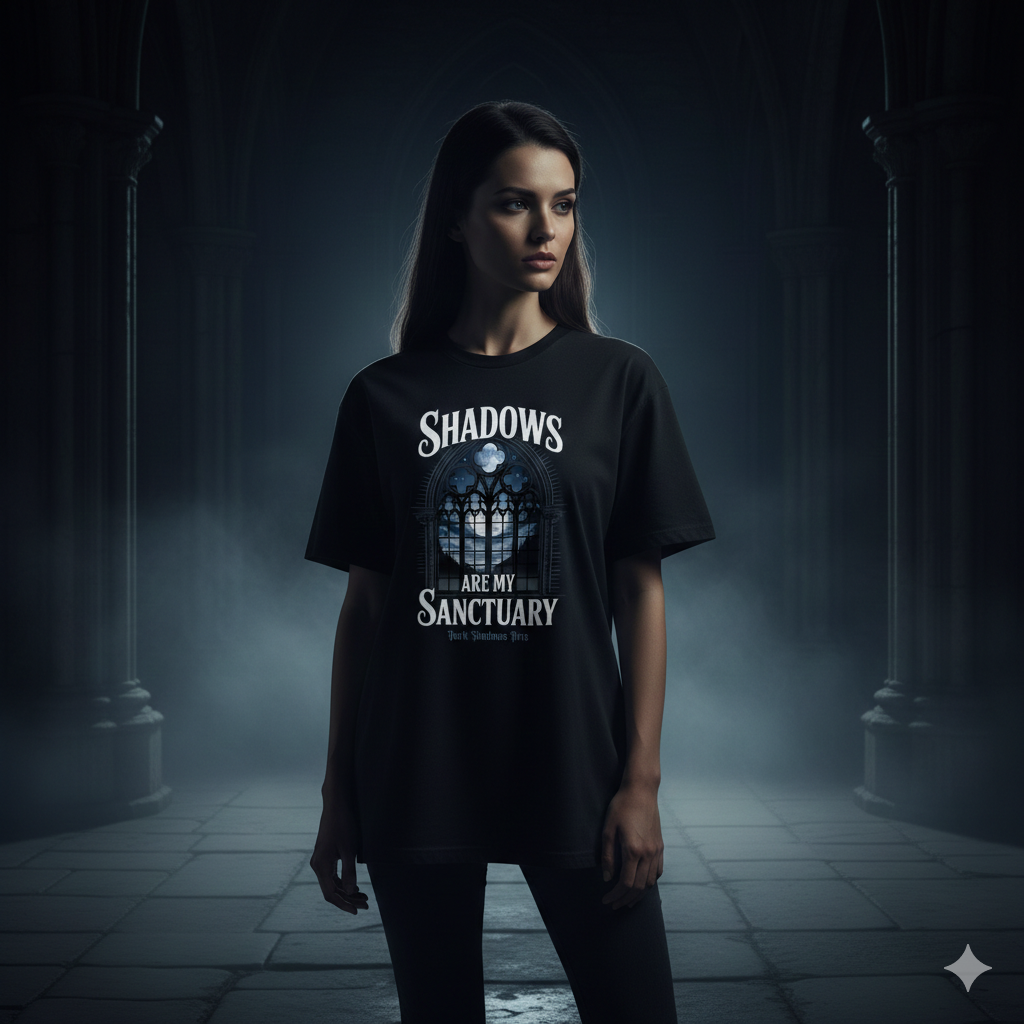 Schwarzes T-Shirt mit gotischem Fenster-Motiv und Mondlicht-Szenerie, unter dem der Schriftzug Shadows Are My Sanctuary von Dark Shadows Arts steht