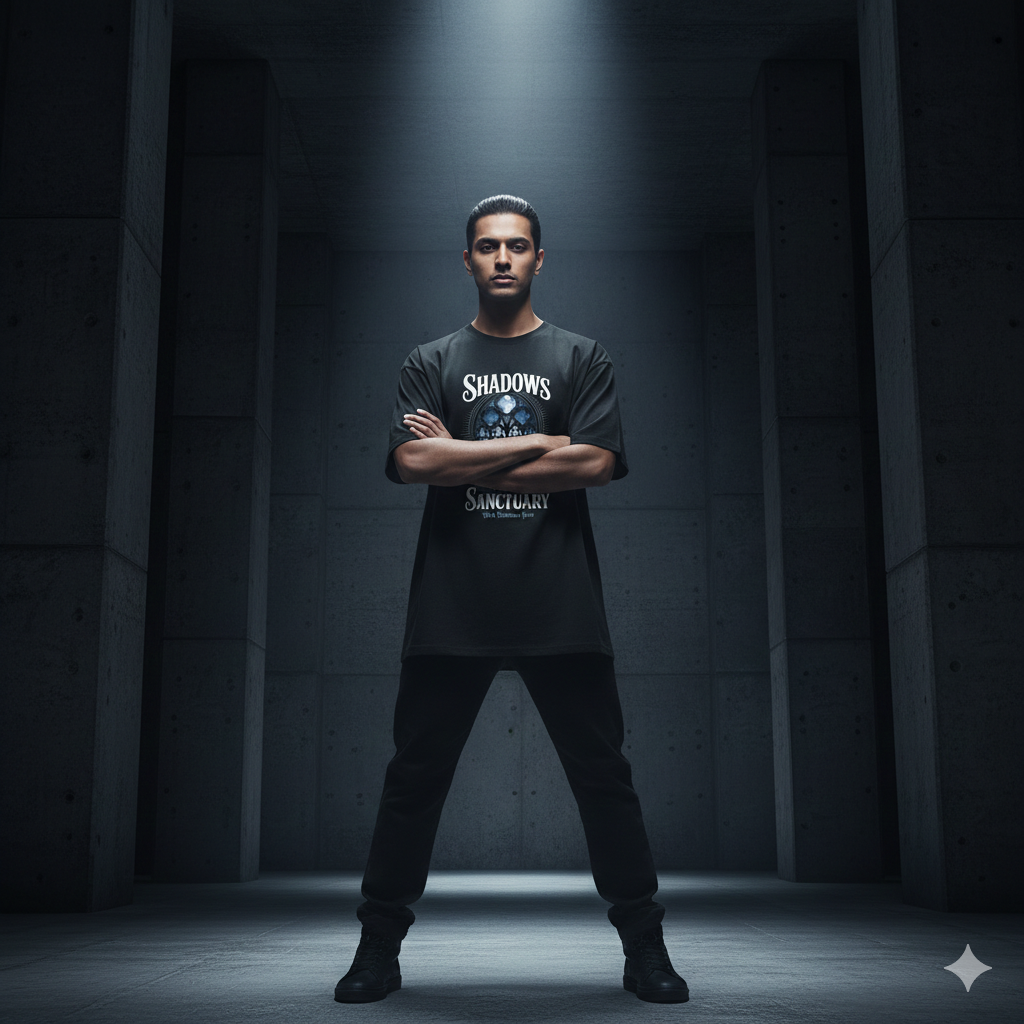 Schwarzes schweres Oversized T-Shirt mit großem gotischen Fenster-Motiv und dem Schriftzug Shadows Are My Sanctuary von Dark Shadows Arts