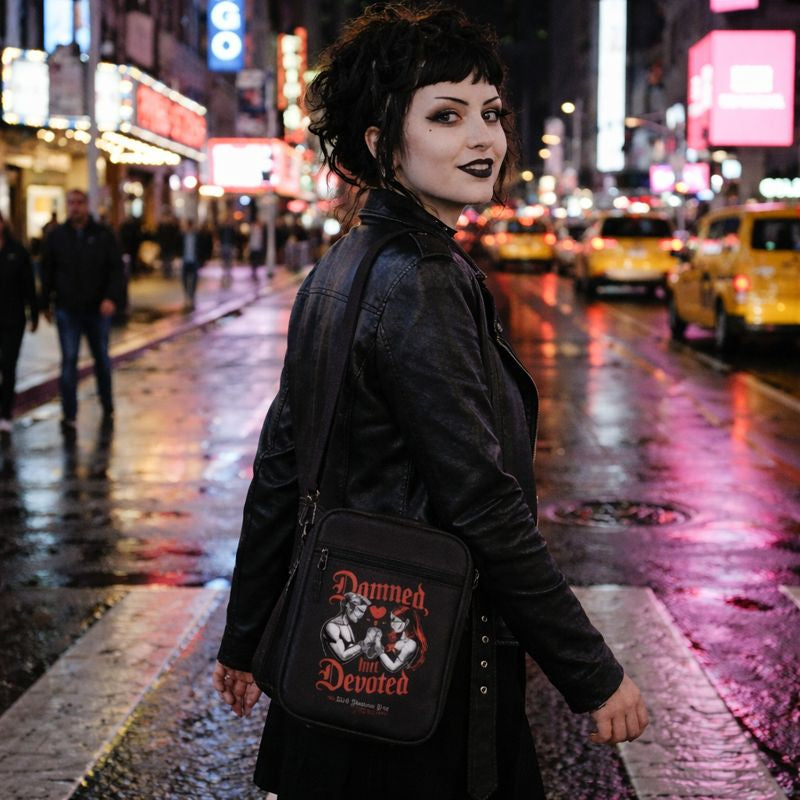 Gothic-Frau in Lederjacke läuft nachts durch neon-beleuchtete Stadtstraße mit Damned but Devoted Umhängetasche